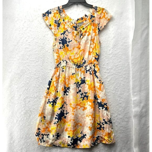 Vanessa Virginia Dress Women's Sz 2 Orange Floral Keyhole Short Sleeve 100% Silk - Picture 1 of 11